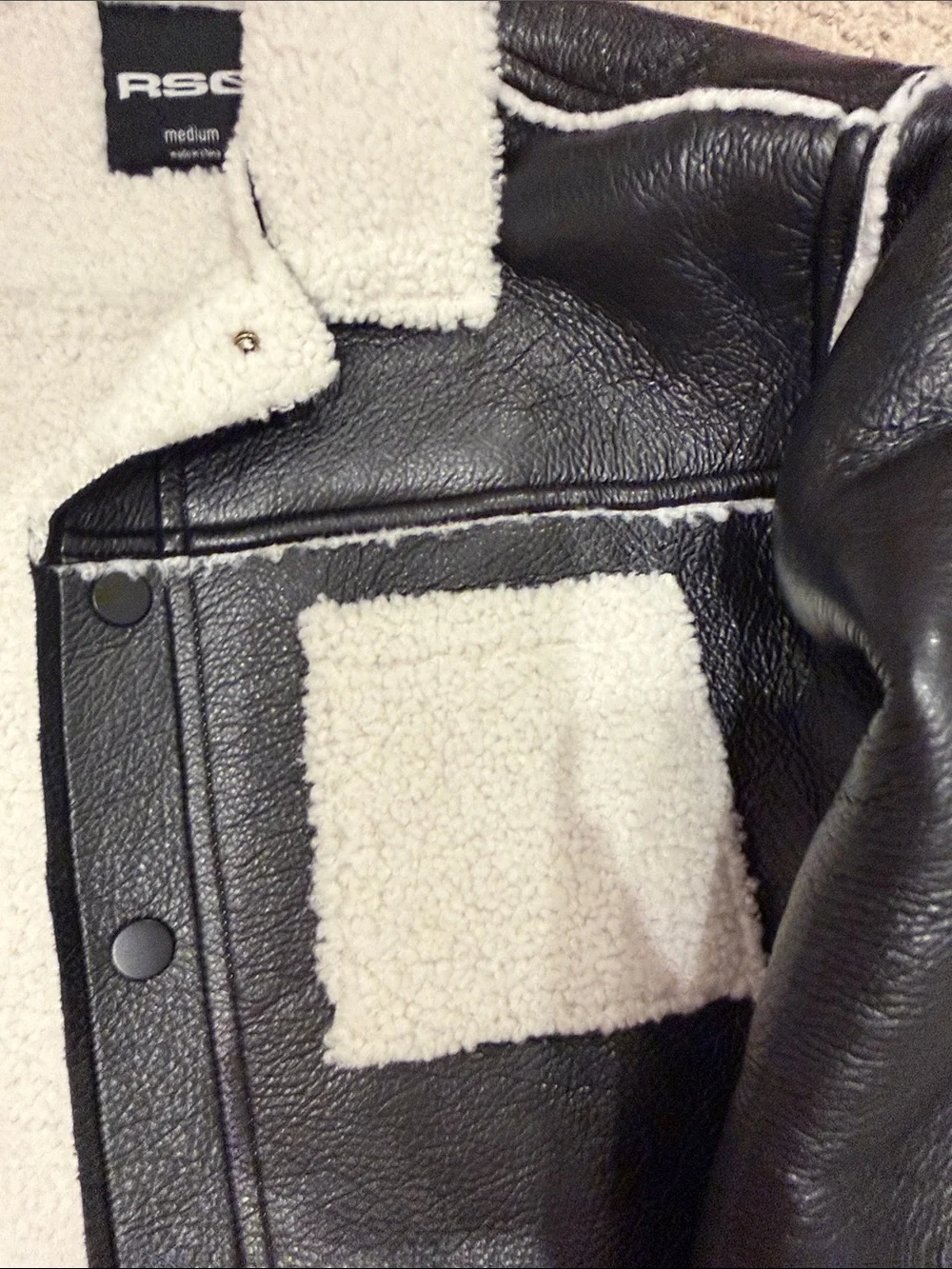 RSQ Black Faux Leather Bomber Jacket with White Sherpa Trim